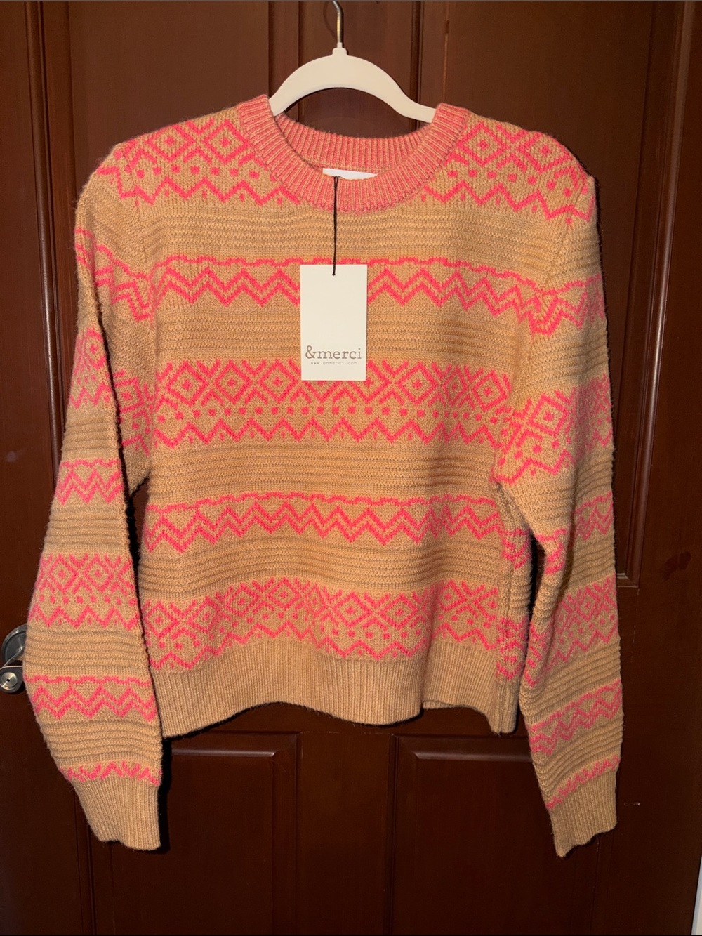 Tan and Neon Pink Patterned Crewneck Sweater